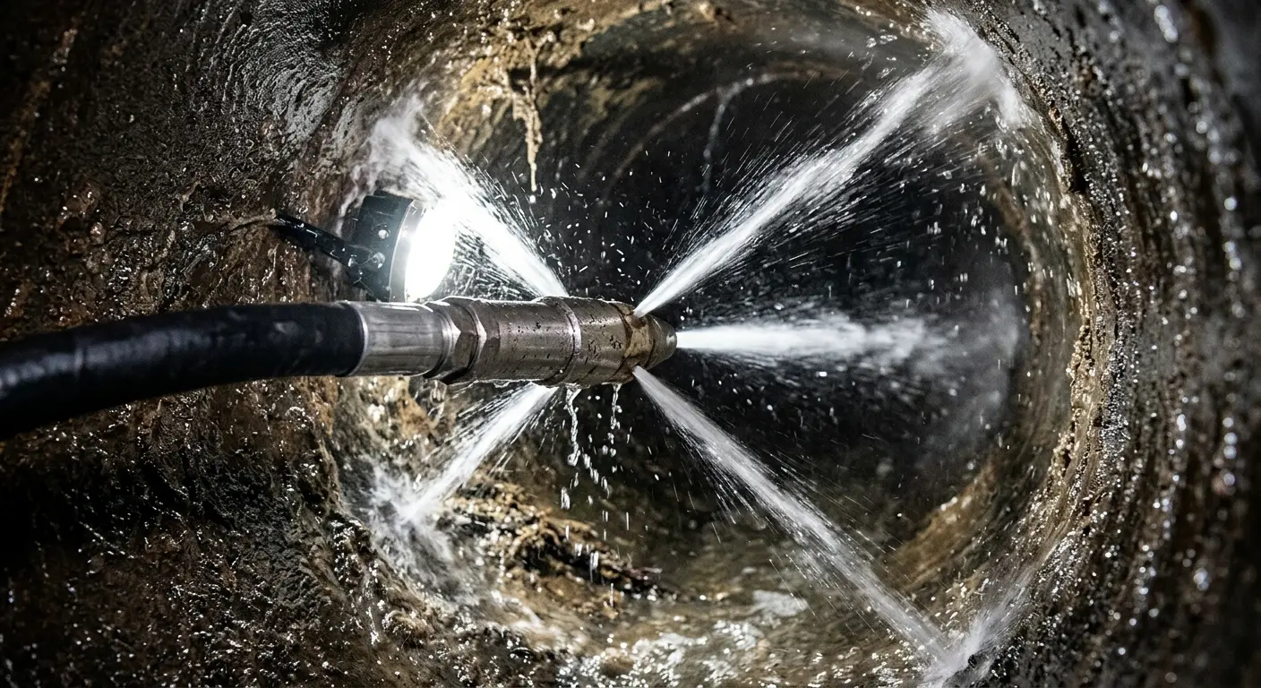 High-pressure hydro jetting nozzle cleaning sewer pipe for Trenchless Sewer Repair in South Orange Village