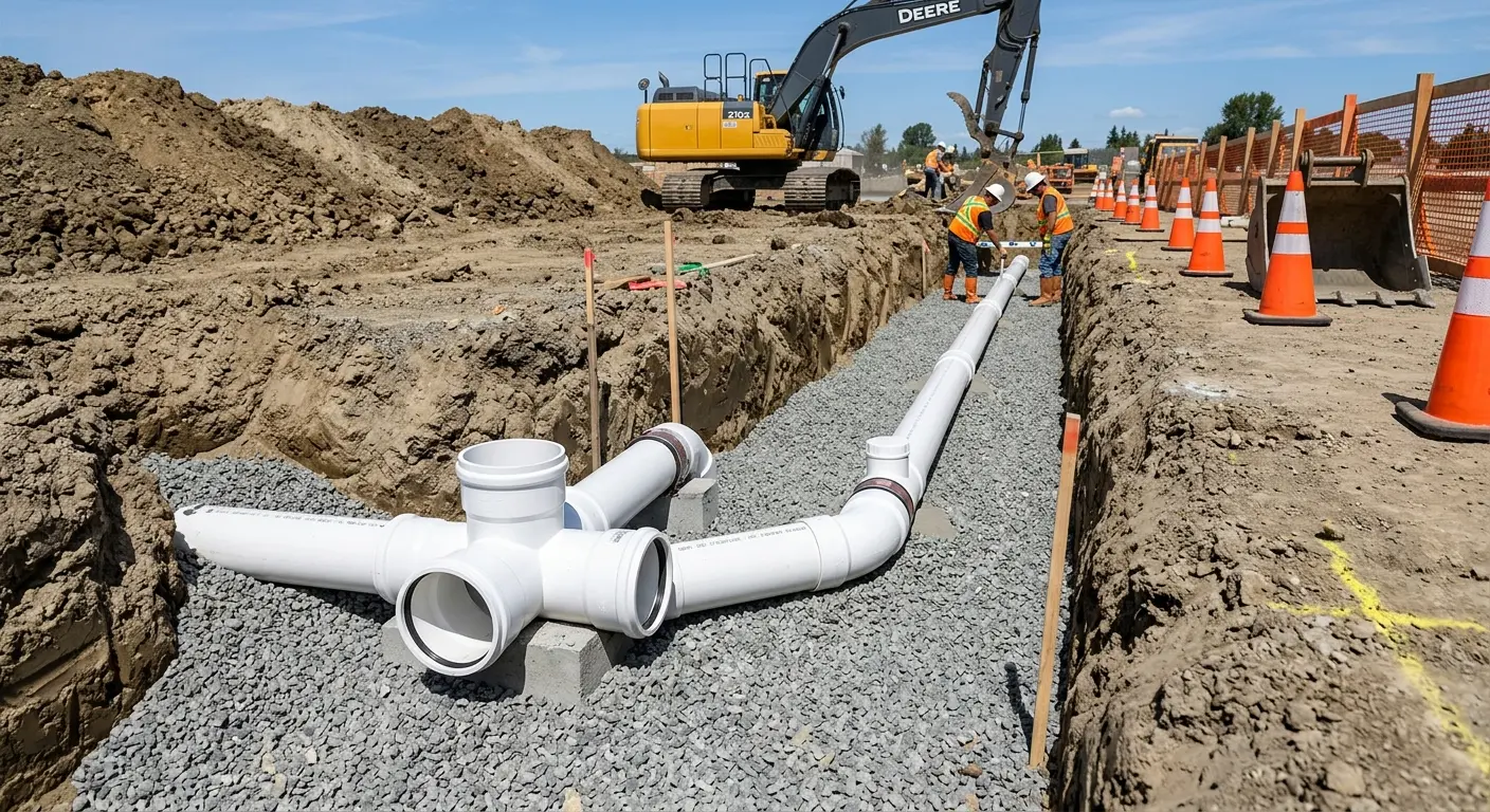New PVC sewer pipe installation in open trench for Commercial Drain Cleaning in South Orange Village