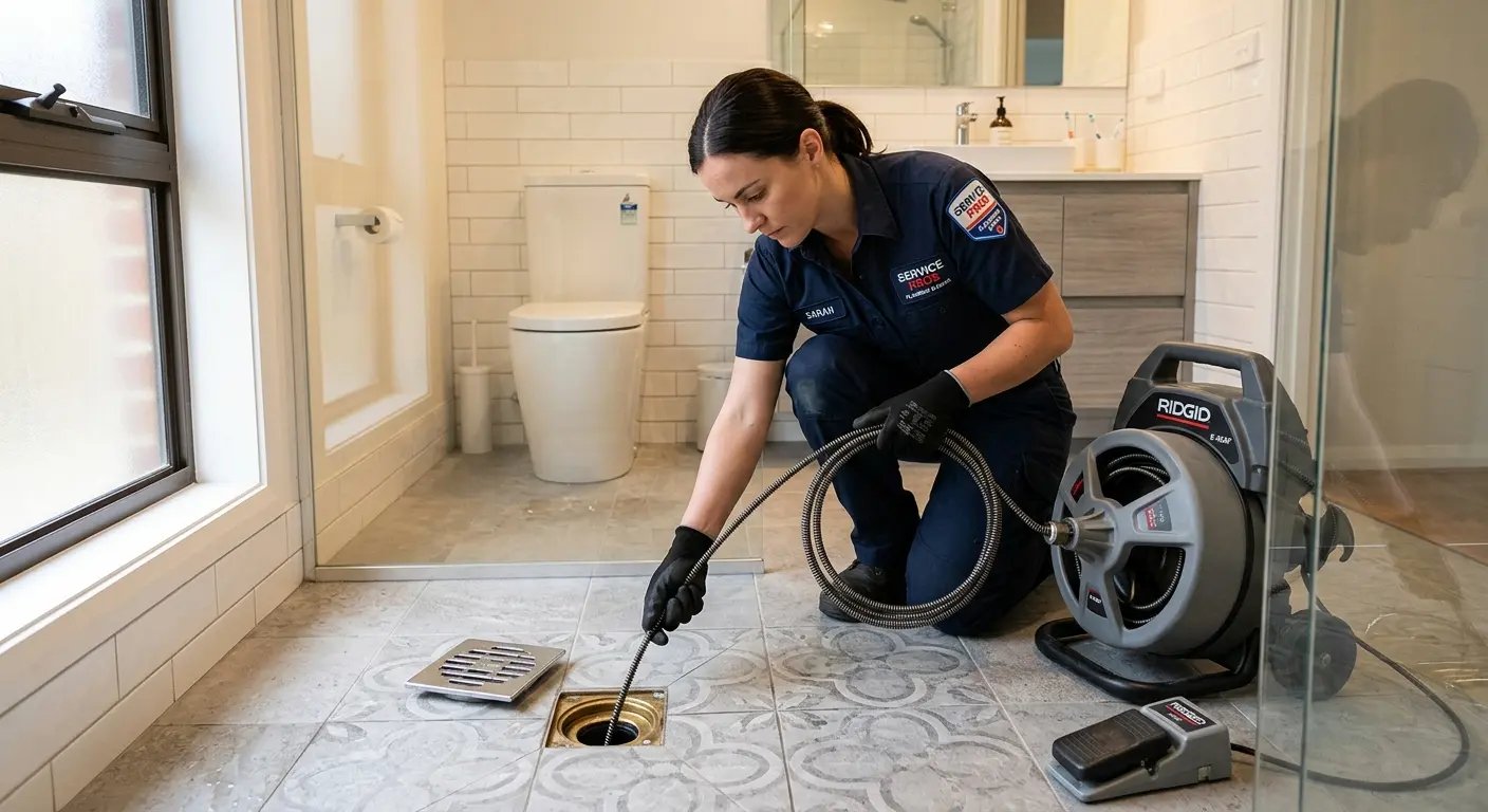 Technician clearing a bathroom floor drain for Clogged Drain Repair in South Orange Village